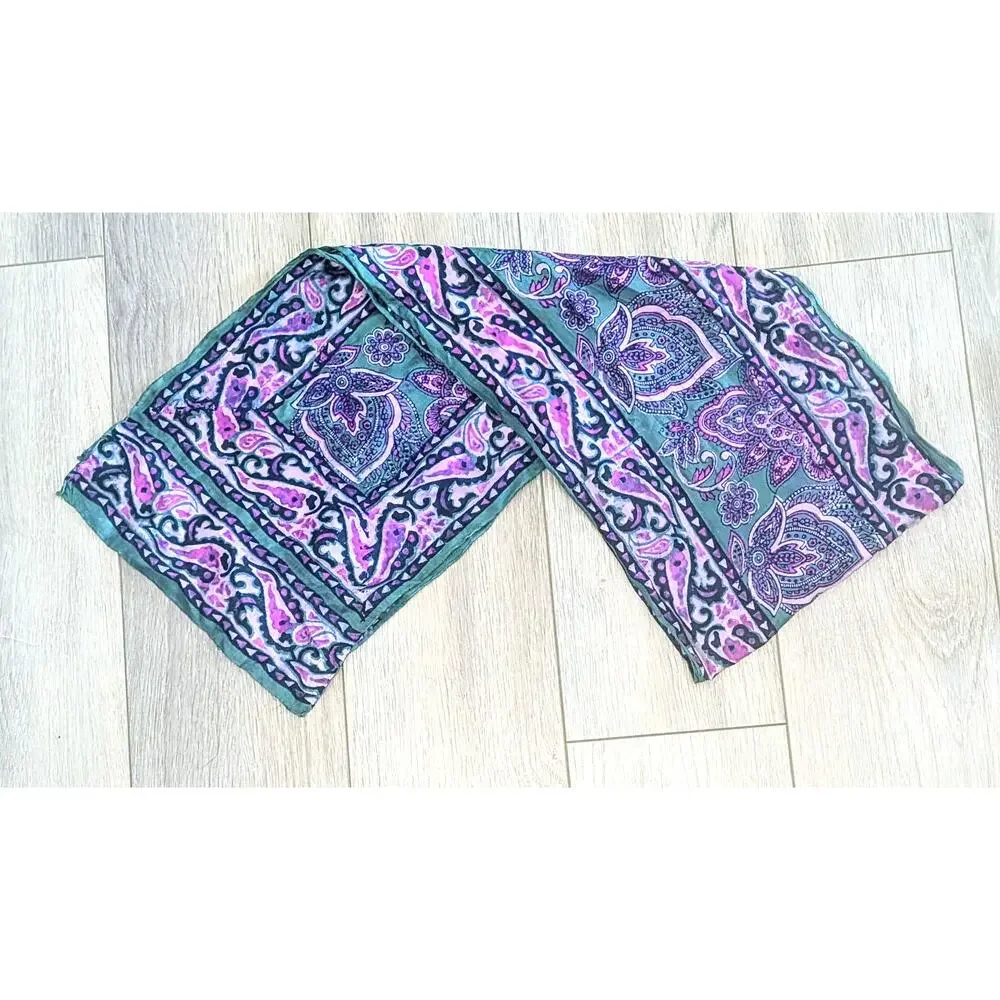 100% Silk Paisley Floral Scarf 10.5 x 60 inch VTG Purple Green Pink